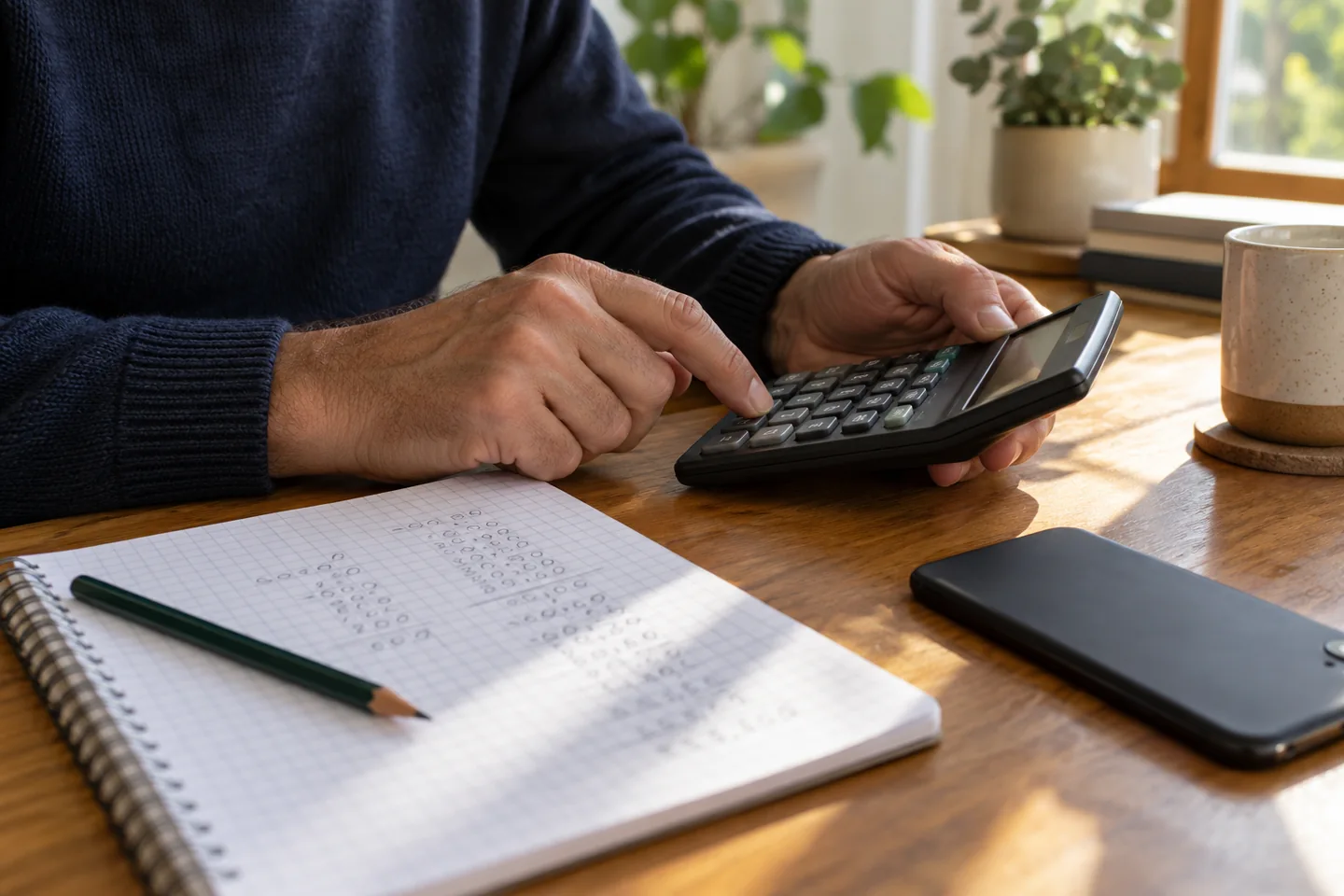 Hands using a calculator beside notes and a phone
