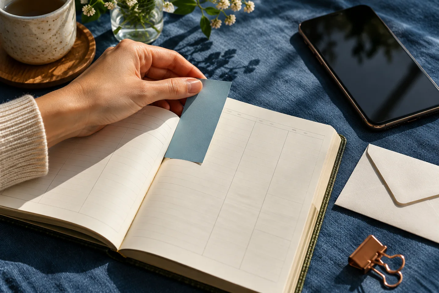 Bookmark placed in a planner beside a phone and envelope