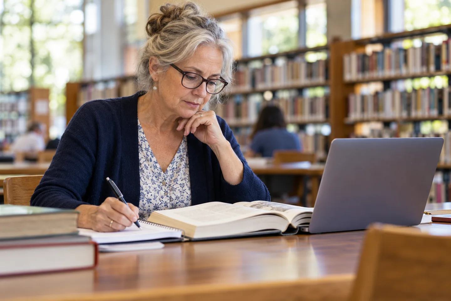 Woman consulting a book and laptop in a library